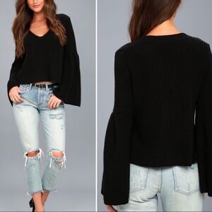 Free People Damsel Cable Knit Pullover Black Sweater Bell Sleeves Oversized XS